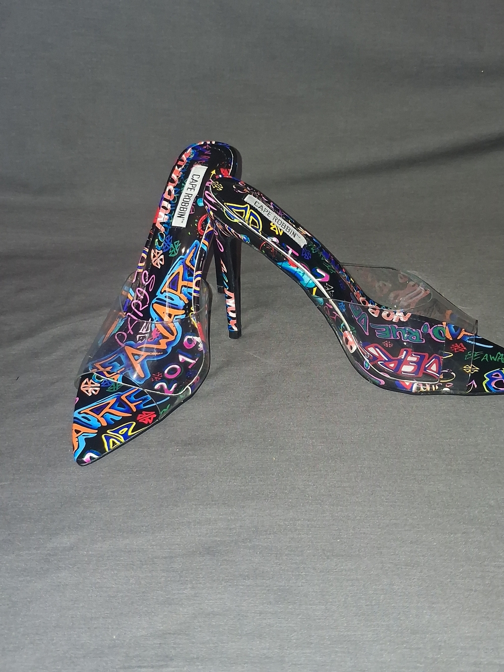 Cape Robbin Clear Graffiti-Print Pointed Stiletto Heels - Multi